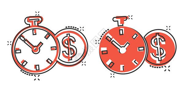卡通手表时间是漫画风格的金钱图标 白色孤立背景上带有美元卡通矢量插图的时钟 货币飞溅效应的经营理念金融投资银行商业计时器储蓄用户手表小时设计图片