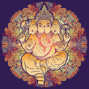 大象神印度教主甘尼沙Ganesha在多彩的曼达拉上方 矢量插图 维他命装饰性病媒元素被孤立 手画paisley背景 印度motifs旅设计图片