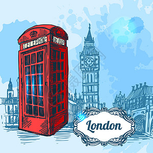 黑白伦敦大本钟London 素描风格旅行社插图街道建筑河岸绘画城市明信片艺术品地标设计图片