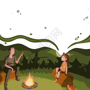 人在公园坐在篝火旁的父亲和女儿在公园享受露营 父母和他的孩子坐在野营热旁边 在森林里讲故事女性卡通片休闲快乐火焰旅行假期幸福冒险友谊设计图片