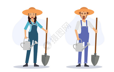 园艺钳一群快乐的笑脸农夫拿着铲子和水 平面矢量 2D卡通人物插图设计图片