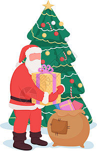 驾车送礼物的圣诞老人圣诞树附近的圣诞圣诞老人半平板彩色矢量字符设计图片