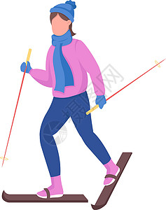 女孩滑雪速降妇女滑雪半平板彩色向量字符插图动画片享受活动天气女士女孩运动乐趣季节设计图片