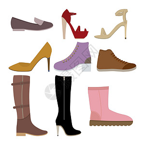 高跟女鞋设置不同的女鞋 各种类型的女鞋 一组孤立的平面彩色图标 矢量图 不同季节的鞋子 靴子 凉鞋 女人鞋的集合设计图片