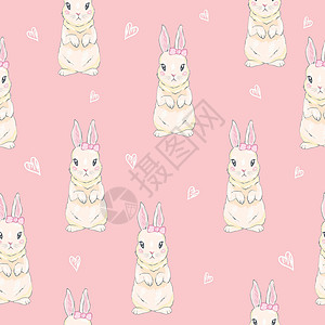 复活节兔子插图无缝模式 与可爱的卡通兔子装饰婴儿卡片包装野生动物野兔女孩风格插图卡通片设计图片