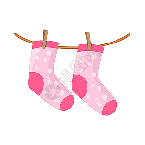 粉色图标在白色背景上被孤立的绳子上挂着多色袜子乐趣运动衣服童年别针涂鸦孩子标签针织打扫设计图片