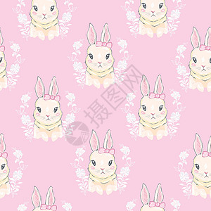 复活节兔子插图无缝模式 与可爱的卡通兔子动物野生动物风格织物女孩绘画婴儿孩子们装饰卡通片设计图片