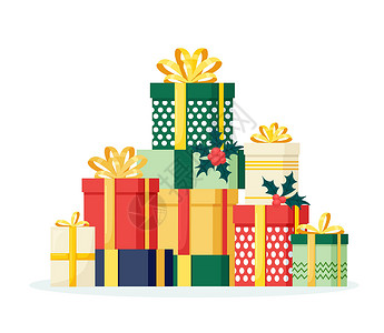 很多礼物圣诞特卖 一堆礼品盒 带丝带的礼物 弓 白色背景上孤立的节日旗帜 圣诞购物概念 周年纪念 生日 婚礼 新年惊喜设计图片