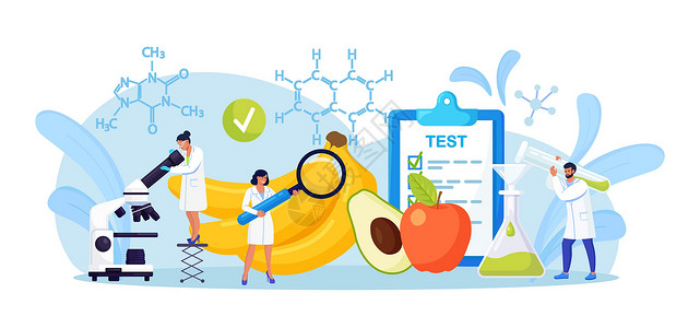 食品的生物科学家研究 微型化学家测试产品以了解安全性 化学结构 生物学家在实验室种植植物 培育转基因蔬菜 水果设计图片