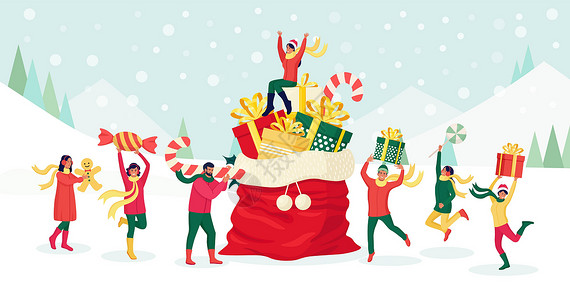 圣诞老人准备礼物小人们准备圣诞节和新年假期庆祝活动 人物携带巨大的糖果手杖 礼品盒 糖果 姜饼人靠近大圣诞老人袋 里面有一堆礼物和节日装饰设计图片