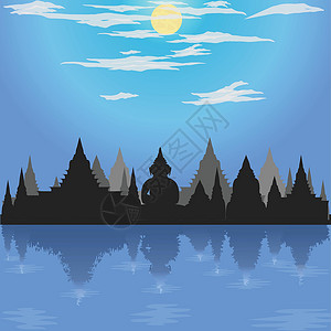 向阳之湖Klashhong 劳合Krashhong节的太阳庙蓝蓝色蓝色模式 buddha 文化月亮如泰河之夜河流沙姆天空宗教矢量插图设计图片