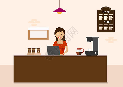 咖啡師女咖啡师正在等待顾客的订单 要进口到商店柜台的命令 平方矢量图示设计图片