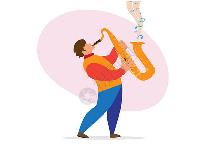 萨克斯手音乐家和演奏萨克斯管的概念 男性音乐家 卡通人物站着演奏爵士乐萨克斯管 平面样式矢量图设计图片