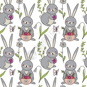 手绘水彩彩蛋和兔子可爱的手绘复活节无缝图案与兔子 复活节彩蛋和鲜花 非常适合复活节贺卡 横幅 墙纸 纺织品 包装矢量设计 EPS设计图片