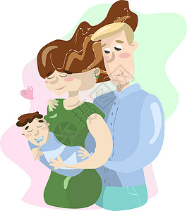 母亲拥抱孩子卡通家庭夫妇夫妇有婴儿的男女在绿色和粉红背景下被隔离设计图片