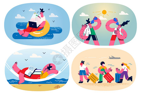 暑假生活小报享受暑假的一组人日程男人自由游客闲暇成人冒险手提箱乐趣飞机场设计图片