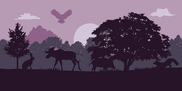 塞伦盖蒂国家公园水平无缝景观与森林动物剪影 有狐狸 雄鹿 鹰 麋鹿 猪的针叶林 兔子 印刷品 广告 EPS 的野生动物背景设计图片
