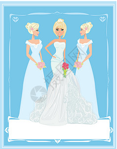 奢华长尾婚纱美丽的新娘和她的伴娘朋友卡片设计图片