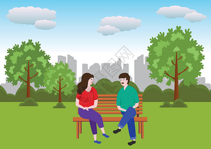 公园里的女孩坐在长椅矢量插图旁的两个人 在市公园里设计图片