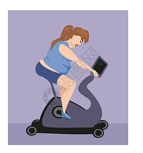 吃西瓜胖女孩室内自行车女孩运动数字幸福健身房仪器重量身体饮食有氧运动运动员设计图片
