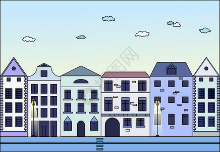欧洲建筑街道简单最小几何平板风格的矢量插图旅游市中心公寓财产太阳建筑卡通片街道公园地标设计图片