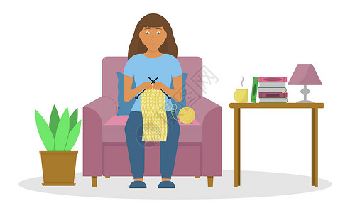 手工坊活动坐在椅子上的女人在家里织围巾 霍比设计图片