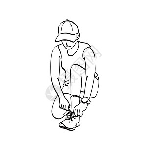 妇愁者系鞋带的运动妇女用白色背景线艺术脱落的插图解矢量手设计图片