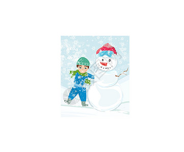 玩雪的男孩男孩做雪人插图雪花围巾蓝色降雪量庆典男生白色孩子帽子设计图片