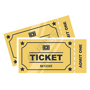两张电影院的金票闲暇入口座位黄色录取黑色插图奢华纸板电影票设计图片