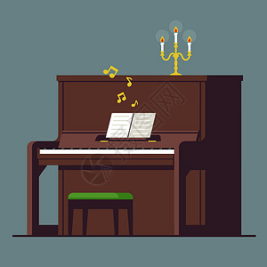 器乐带笔记和烛台的棕色直立钢琴 浪漫的古典音乐之夜设计图片