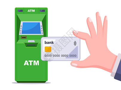 信用卡现金从绿色自动取款机提取现金 手持塑料信用卡设计图片