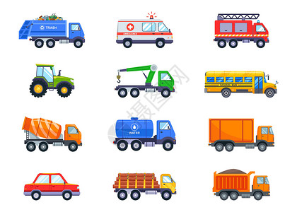 垃圾车与公共交通和货运一起设置设计图片