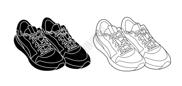 女士运动鞋运动鞋轮廓和轮廓单色矢量图在白色背景下被隔离 为您的业务推广提供积极的生活方式运动鞋插图配饰鞋带女性空气橡皮训练收藏男人运动跑步设计图片