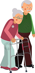 妇愁者老年男子帮助高龄妇女用行走者 步行援助概念设计图片