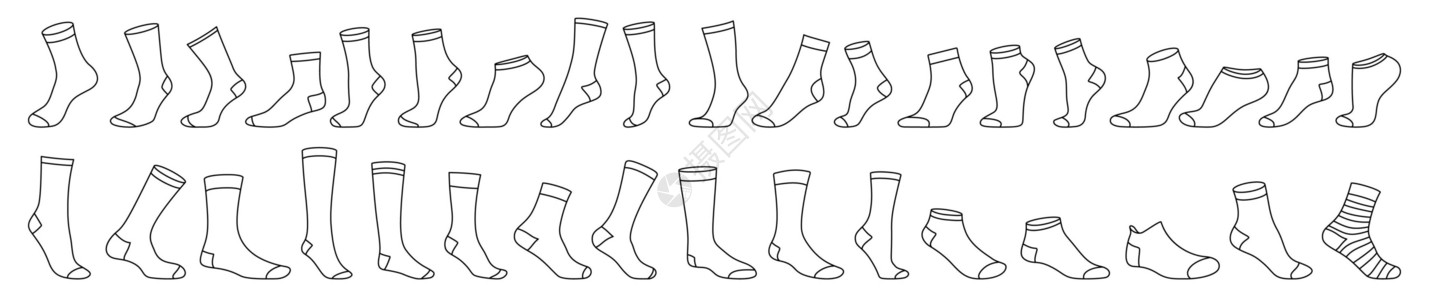 袜子矢量袜子图标 一套黑色线性袜子 矢量插图条纹纺织品鞋类运动季节配件标识衣服针织品织物设计图片