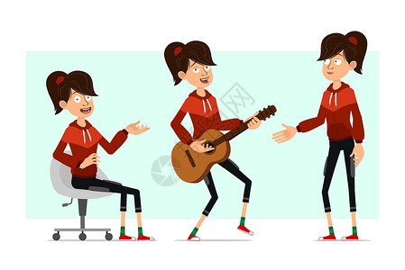 弹吉他女孩坐姿卡通平板运动 女孩性格大矢量椅子女性帽衫吉他女士休息手势训练动画片红色设计图片