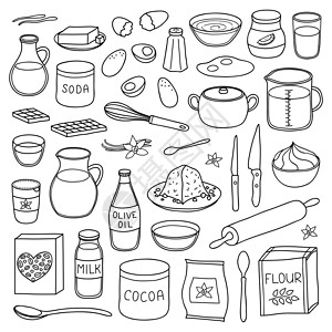 勺子里油一套手工画的烹饪和烘烤材料醒酒器美食菜单面粉产品勺子手绘滚动食谱玻璃设计图片