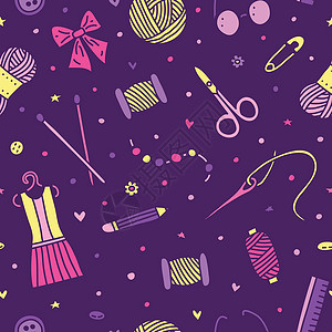 剪刀毛线球针线无缝图案 手做的涂鸦标识卷尺紫色统治者剪刀刺绣作坊手绘铅笔爱好设计图片