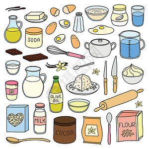 油壶一套手工画的烹饪和烘烤材料手绘菜单牛奶巧克力香草勺子玻璃食谱可可滚动设计图片