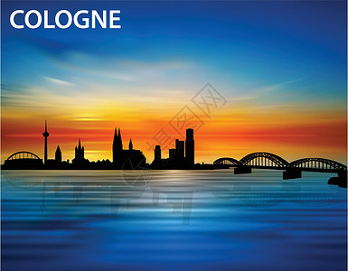 桥水日落时科隆市的轮廓设计图片