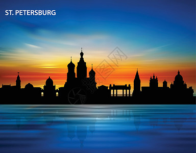 涅瓦河圣彼得堡市日落时的轮廓设计图片