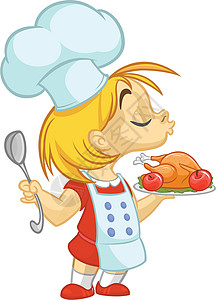 女主人卡通小女孩拿着土耳其感恩节的托盘插图食谱厨师家庭烹饪火鸡裙子厨房假期围裙设计图片