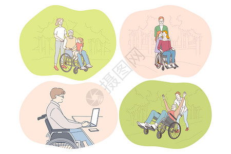 失能老人轮椅上的残疾人过着快乐积极的生活方式理念安全疾病帮助车轮椅子机动性病人娱乐卡通片人士设计图片