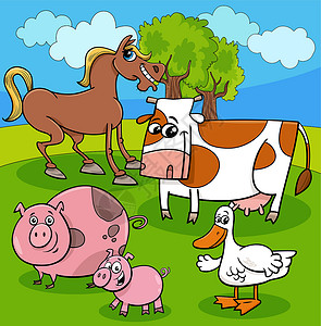 卡通马草原上的卡通农场动物角色组小马国家鸭子牧场团体收藏农村牛角绘画卡通片设计图片