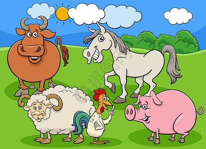 鸡尾巴草原上的卡通农场动物角色组衬套卡通片漫画家禽家畜微笑农村羊毛奶牛插图设计图片