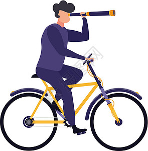 一个十几岁的男孩喜欢骑自行车 透过间谍眼镜看 孤立的动向矢量平方图设计图片