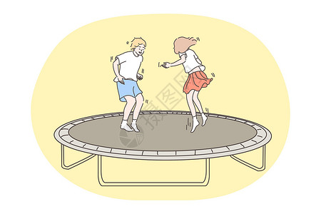 姐姐弟弟儿童跳跃 节假日 童年概念运动女孩游戏活动操场友谊孩子卡通片插图蹦床设计图片