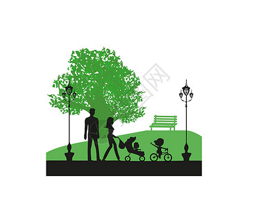 孕产公园里的家庭销售树木自行车运动孕妇装男朋友女孩儿子女性孩子设计图片