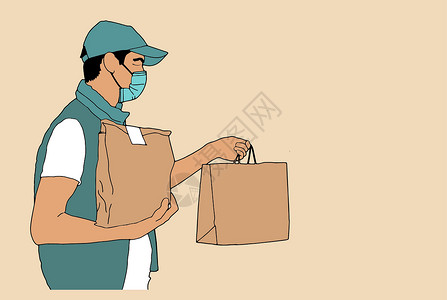 口罩佩戴方式送货员拿着纸袋 带着白底的食品食物面具工作成人工人职业白色男人导游命令设计图片