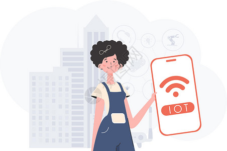 妇女在电话妇女拥有一部带有IoT标志的电话 以时髦平板风格进行矢量插图 在互联网上展示各种事物和自动化概念设计图片
